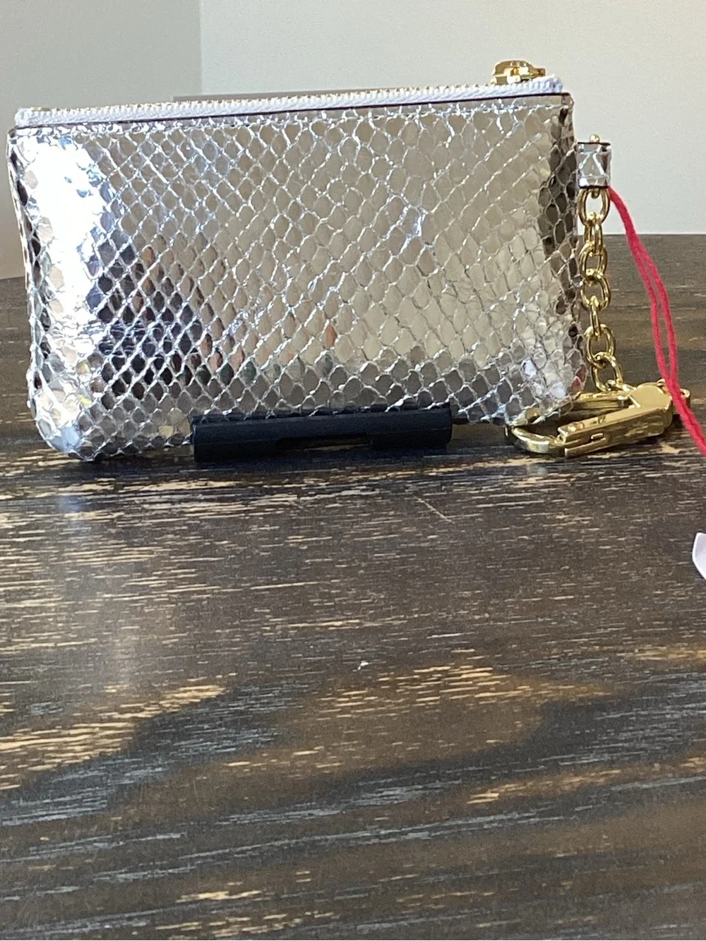 Frances Valentine Bitsy Snakeskin Embossed Silver Metallic Leather Key Pouch